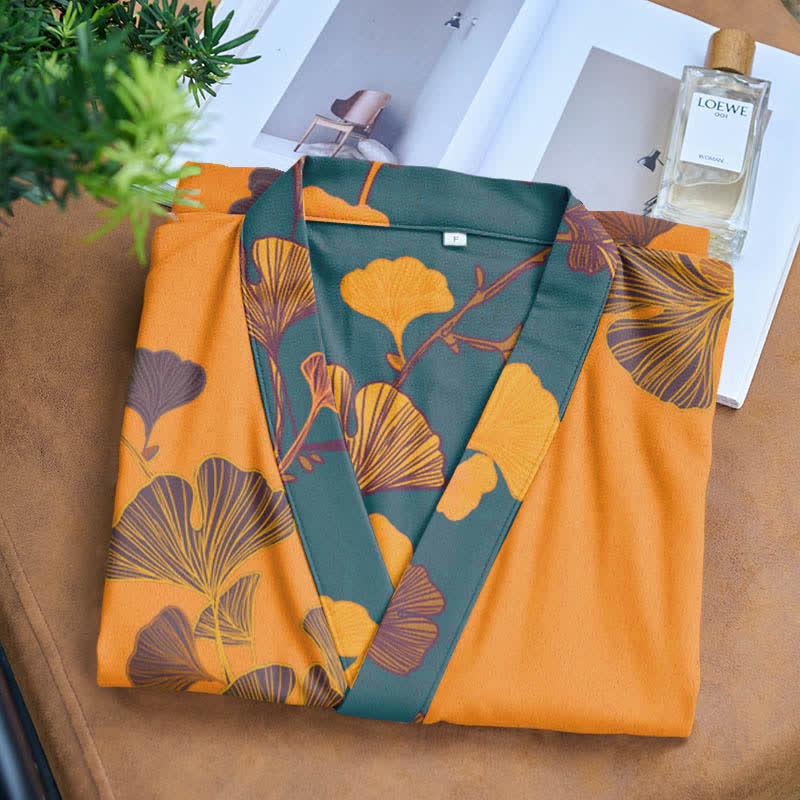 Grande kimono in cotone con foglie di ginkgo - image 9