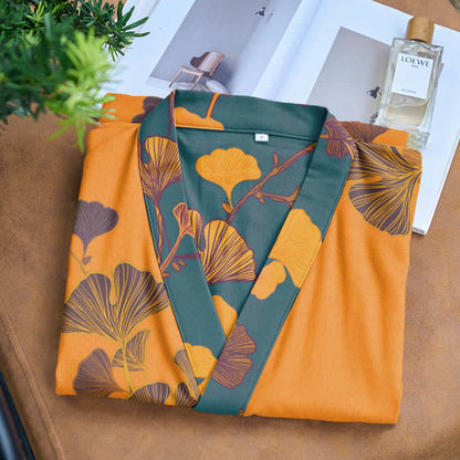 Grande kimono in cotone con foglie di ginkgo - image 9