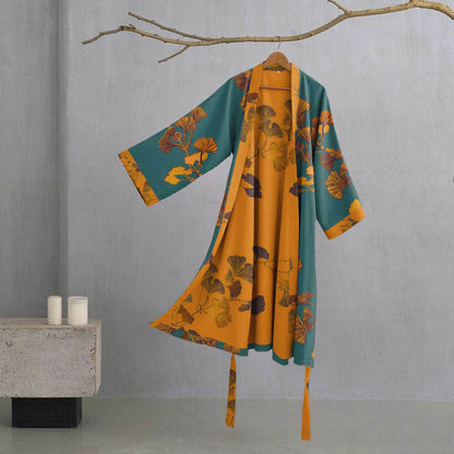 Grande kimono in cotone con foglie di ginkgo - Verde e giallo - L - image 6