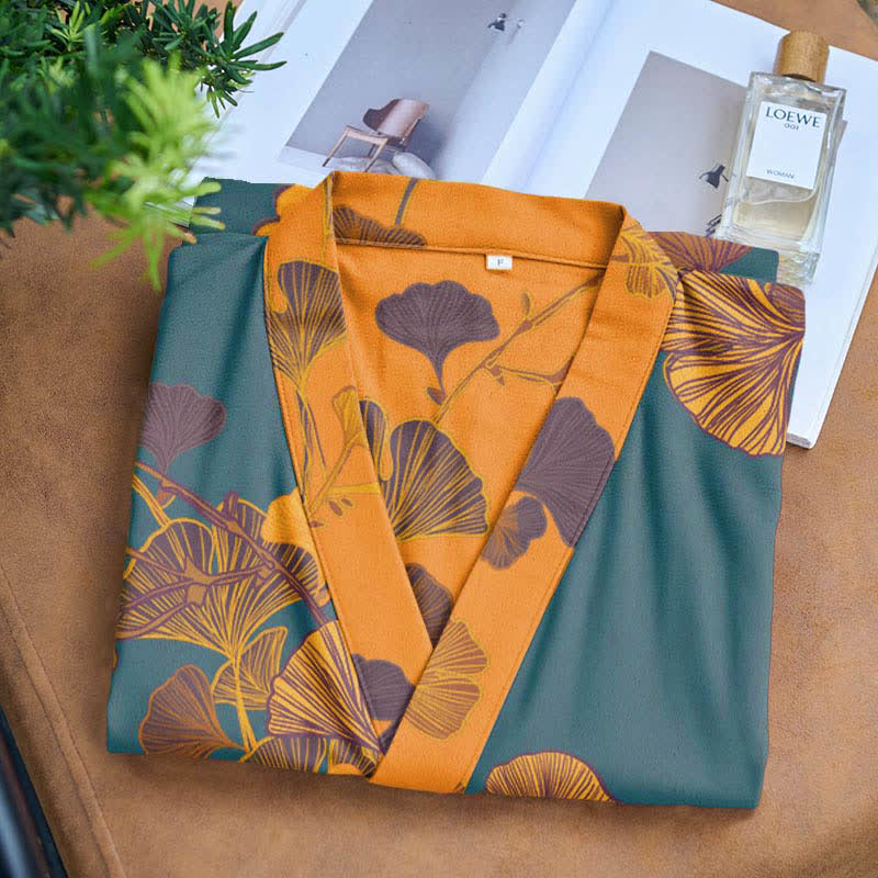 Grande kimono in cotone con foglie di ginkgo - image 7