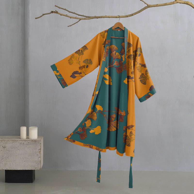 Grande kimono in cotone con foglie di ginkgo - Giallo e verde - XL - image 8