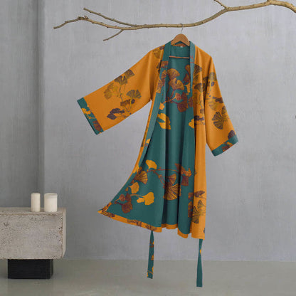 Grande kimono in cotone con foglie di ginkgo - Giallo e verde - XL - image 8