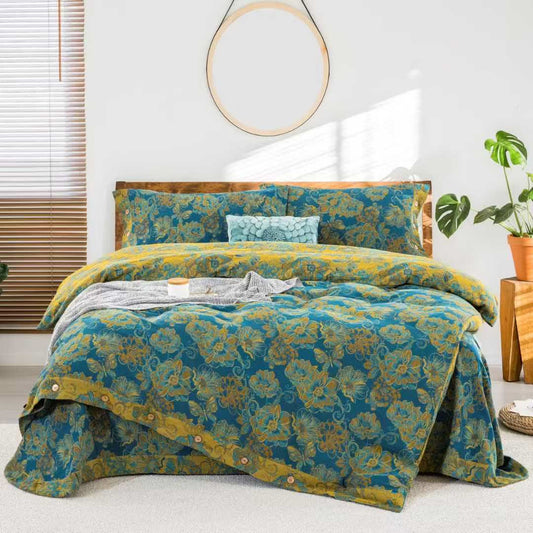Set di biancheria da letto in garza di cotone con farfalle floreali (4 pezzi) - Verde - Matrimoniale Grande - image 0