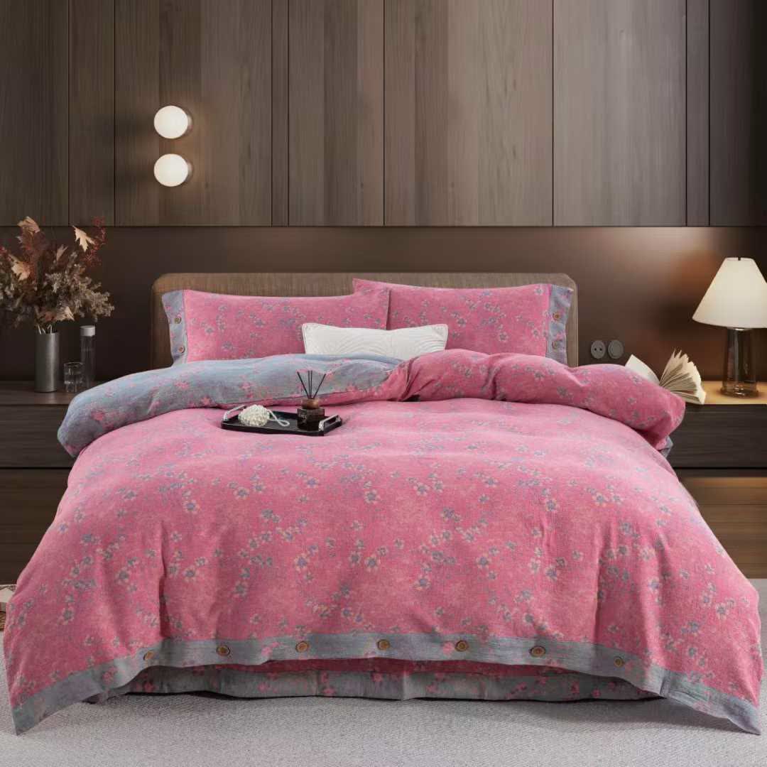 Set di biancheria da letto reversibile in garza di cotone floreale (4 pezzi) - Rosa - Matrimoniale Grande - image 9