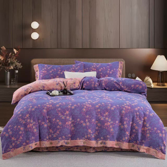 Set di biancheria da letto reversibile in garza di cotone floreale (4 pezzi) - Viola - Matrimoniale Grande - image 0