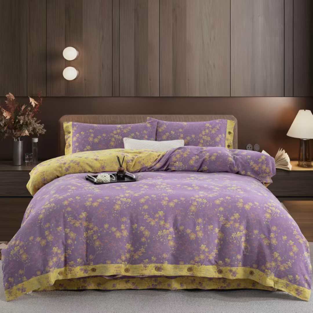 Set di biancheria da letto reversibile in garza di cotone floreale (4 pezzi) - Viola e giallo - Matrimoniale Grande - image 11