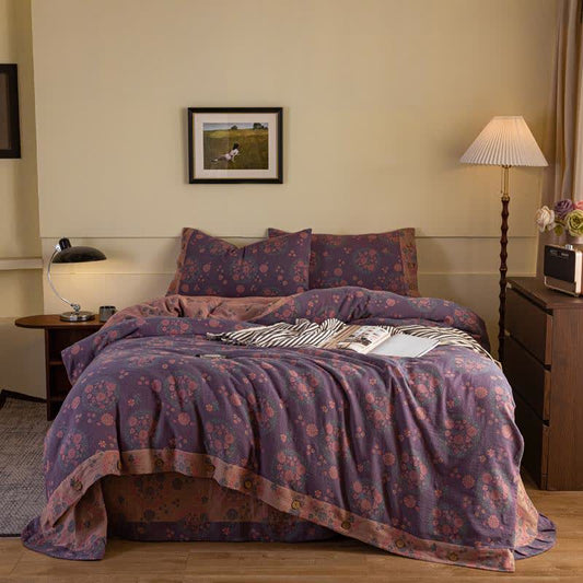 Set di biancheria da letto in garza di cotone floreale viola (4 pezzi) - Matrimoniale Grande - image 0