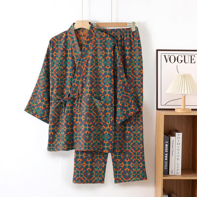 Completo da salotto in kimono di cotone con motivo geometrico - Blu - XL - image 2