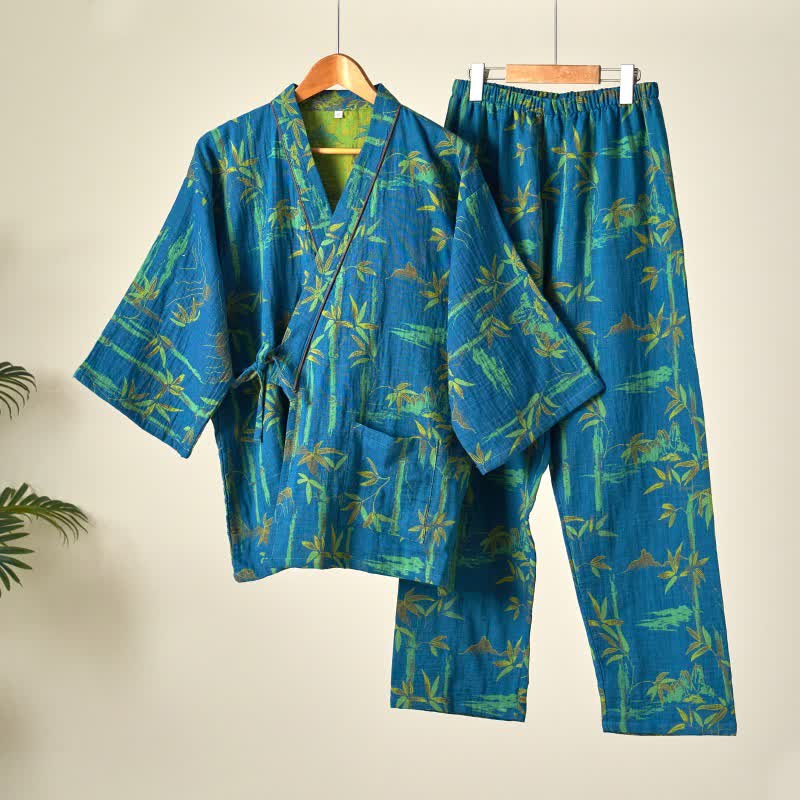 Completo da salotto in kimono di garza di cotone e bambù - Blu - XL - image 12