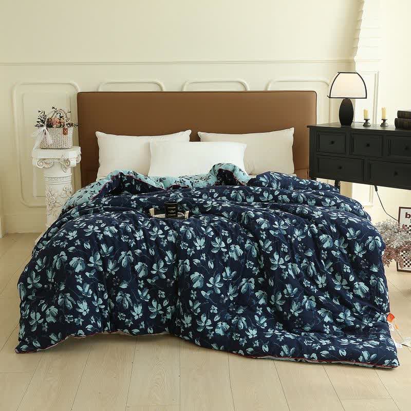 Trapunta jacquard in garza di cotone Flourish Flower - Blu - Trapunta invernale - Matrimoniale Grande - image 0