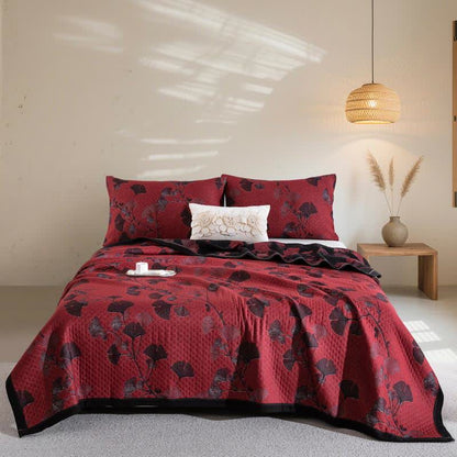 Trapunta reversibile in cotone naturale con foglie di ginkgo - Rosso - 2 federe - 51cm x 91cm - image 0