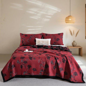 Trapunta reversibile in cotone biologico con foglie di ginkgo - Rosso - 2 federe - 51cm x 91cm - image 0