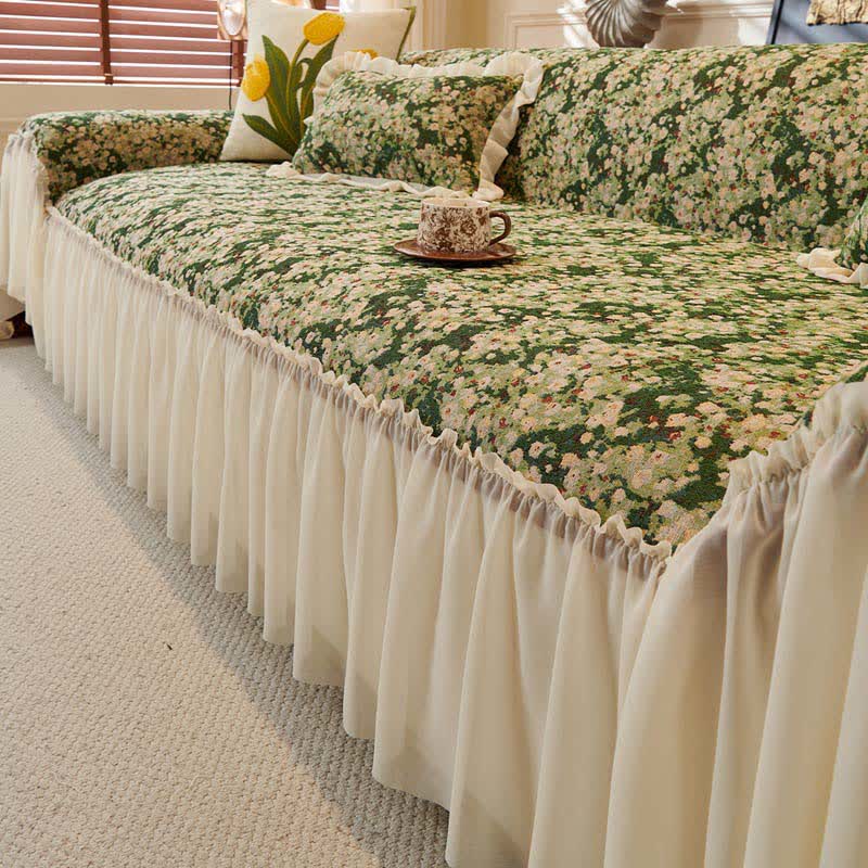 Copridivano con volant floreale verde - 180cm x 340cm - image 0