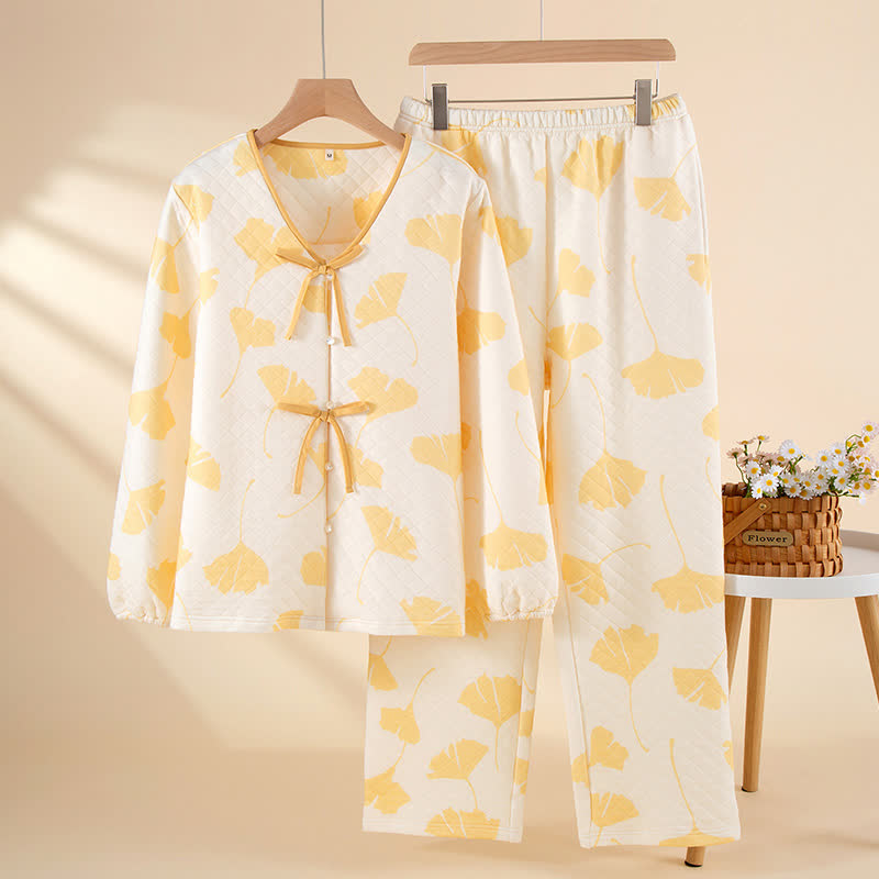 Completo da notte caldo in cotone con foglie di ginkgo - Giallo - XL - image 1