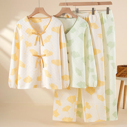 Completo da notte caldo in cotone con foglie di ginkgo - image 0