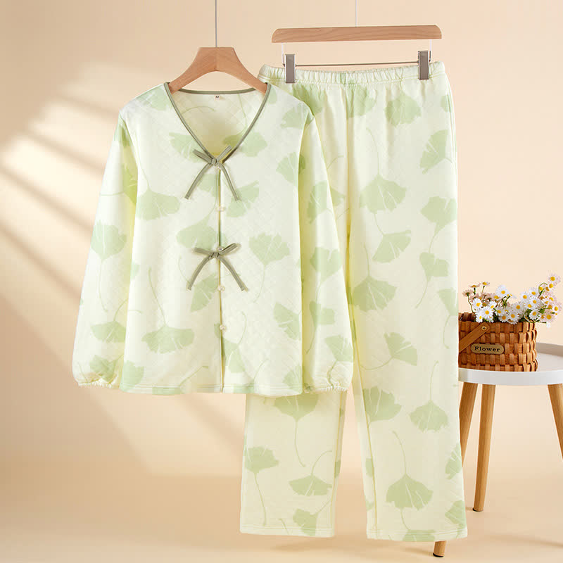 Completo da notte caldo in cotone con foglie di ginkgo - Verde - XL - image 2