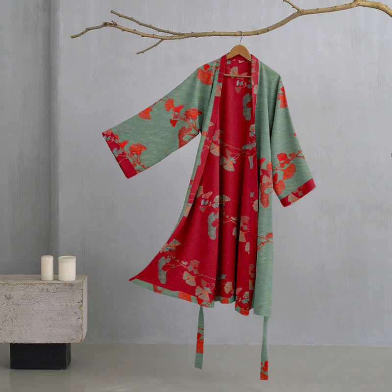 Kimono in cotone biologico con foglie di ginkgo - Verde e rosso - 2XL - image 13