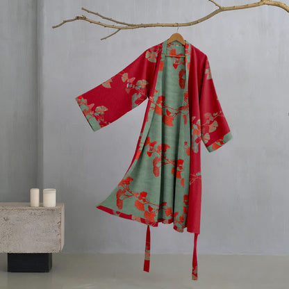 Kimono in cotone biologico con foglie di ginkgo - Rosso e verde - 2XL - image 11