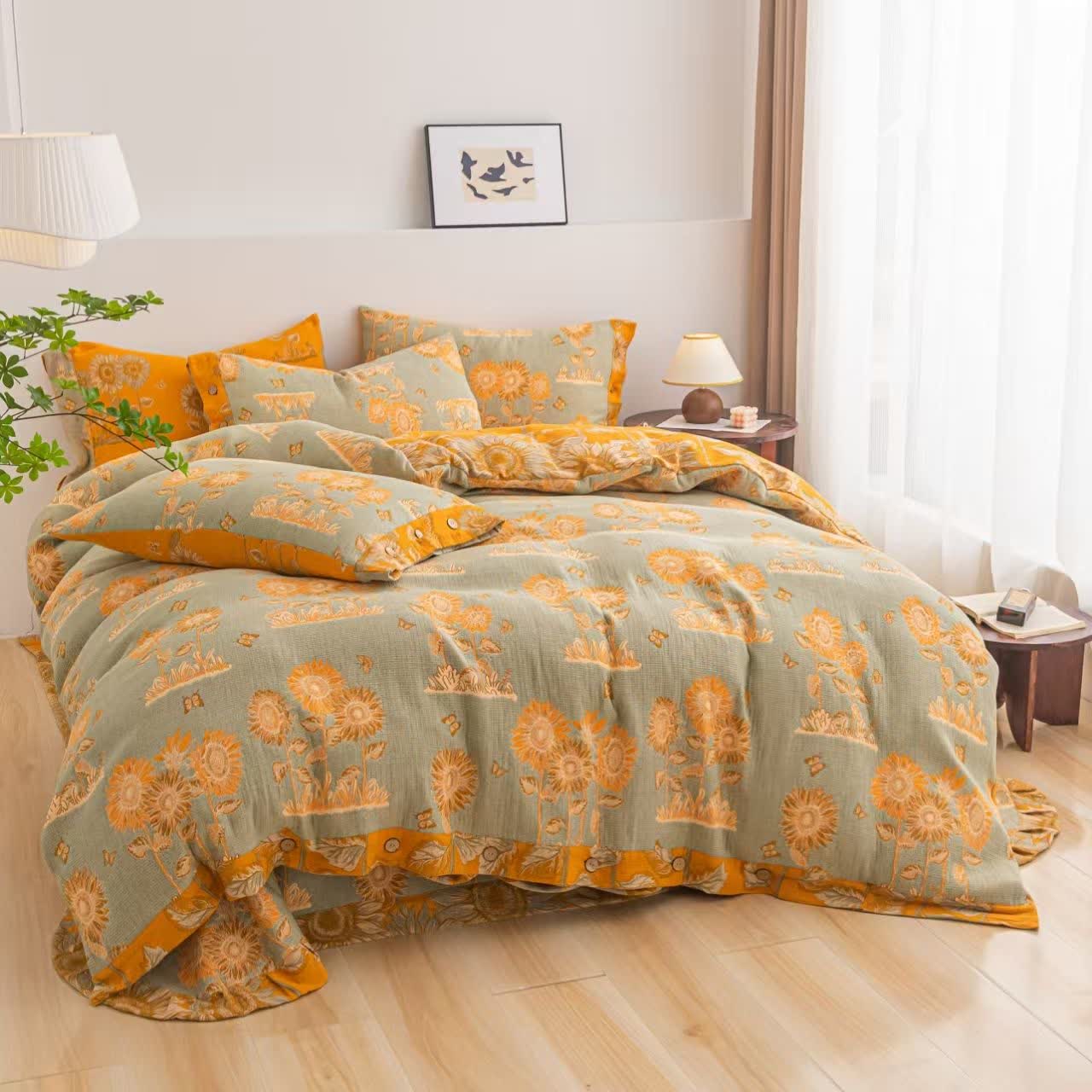 Set di biancheria da letto reversibile in garza di cotone girasole (4 pezzi) - Matrimoniale Grande - image 0