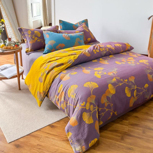 Set di biancheria da letto in cotone jacquard con foglie di ginkgo (4 pezzi) - Matrimoniale Grande - image 0