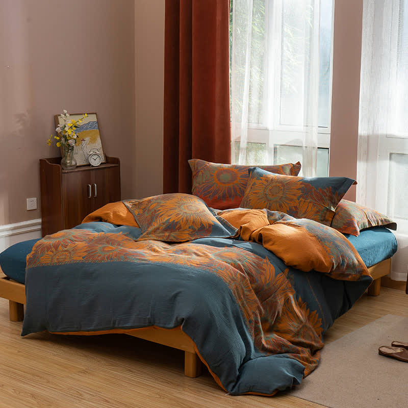 Set di biancheria da letto in cotone jacquard con motivo pastorale girasole (4 pezzi) - Blu e arancione - Matrimoniale Grande - image 3