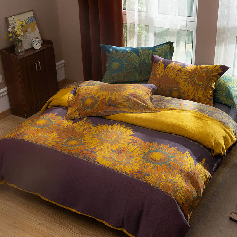 Set di biancheria da letto in cotone jacquard con motivo pastorale girasole (4 pezzi) - Viola e giallo - Matrimoniale Grande - image 5