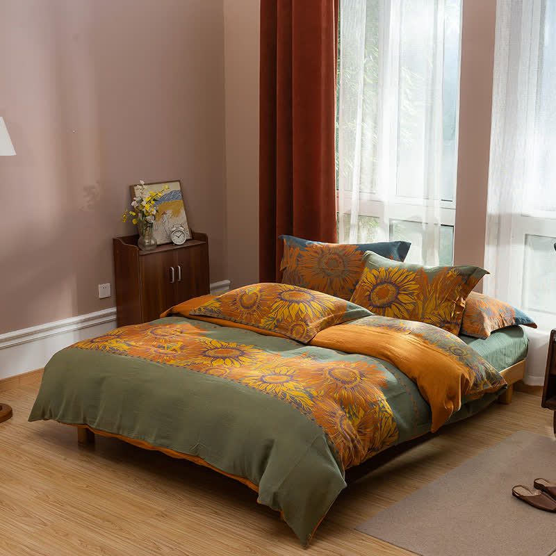 Set di biancheria da letto in cotone jacquard con motivo pastorale girasole (4 pezzi) - Verde e arancione - Matrimoniale Grande - image 6