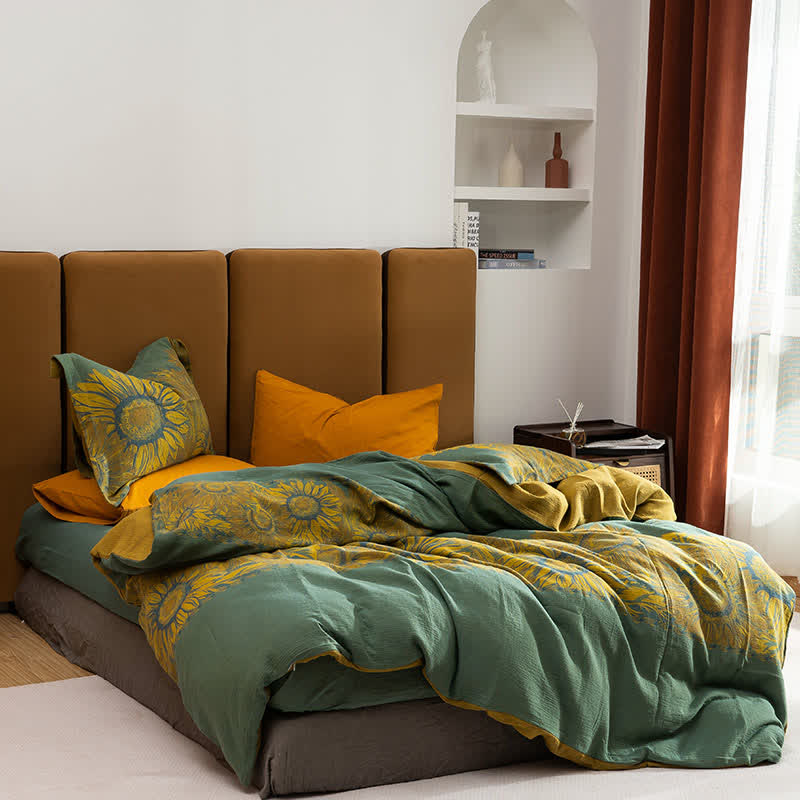 Set di biancheria da letto in cotone jacquard con motivo pastorale girasole (4 pezzi) - Verde e giallo - Matrimoniale Grande - image 0