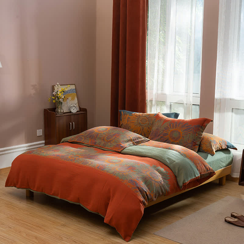 Set di biancheria da letto in cotone jacquard con motivo pastorale girasole (4 pezzi) - Rosso e verde - Matrimoniale Grande - image 2