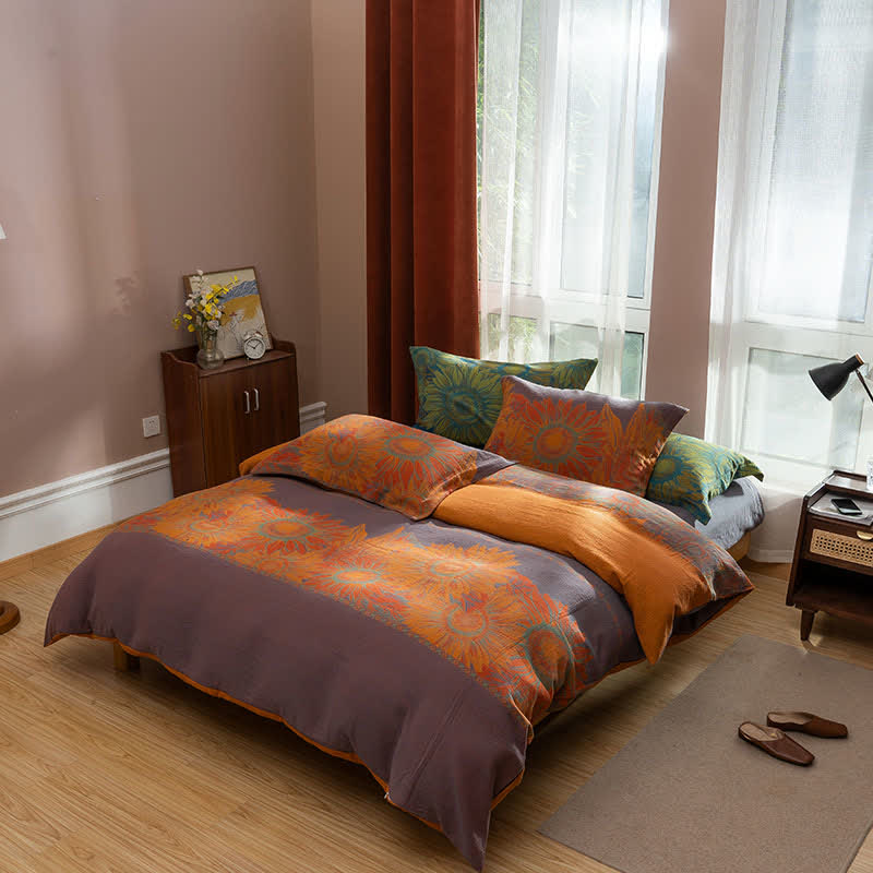 Set di biancheria da letto in cotone jacquard con motivo pastorale girasole (4 pezzi) - Viola e arancione - Matrimoniale Grande - image 1