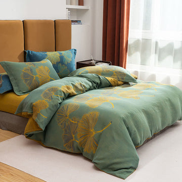 Set di biancheria da letto reversibile in cotone jacquard con motivo Ginkgo (4 pezzi) - Verde e giallo - Matrimoniale Grande - image 0