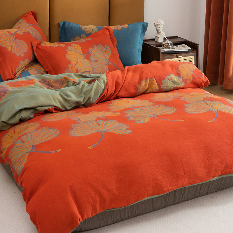 Set di biancheria da letto reversibile in cotone jacquard Ginkgo (4 pezzi) - Rosso e arancione - Matrimoniale Grande - image 2