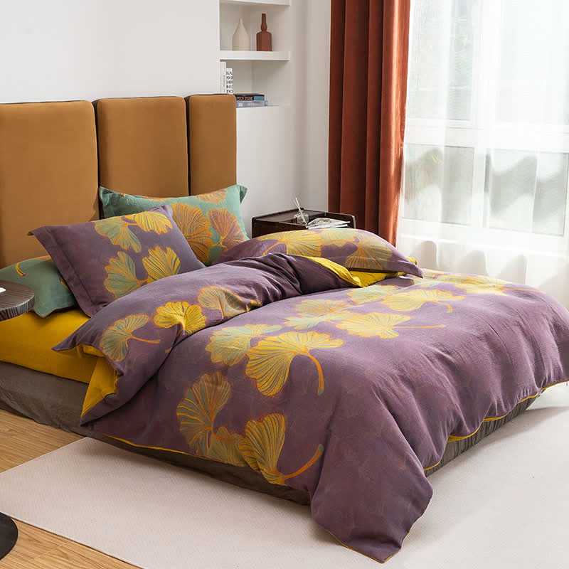 Set di biancheria da letto reversibile in cotone jacquard con motivo Ginkgo (4 pezzi) - Viola e giallo - Matrimoniale Grande - image 5