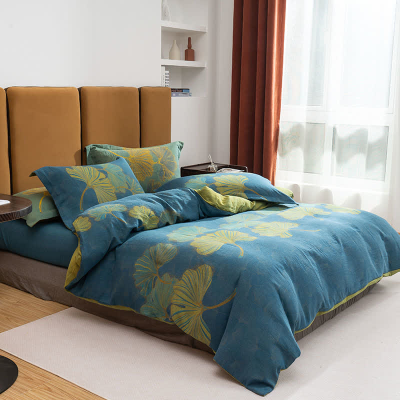 Set di biancheria da letto reversibile in cotone jacquard con motivo Ginkgo (4 pezzi) - Blu e verde - Matrimoniale Grande - image 4