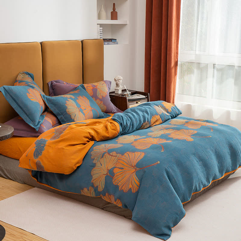 Set di biancheria da letto reversibile in cotone jacquard con motivo Ginkgo (4 pezzi) - Blu e arancione - Matrimoniale Grande - image 3