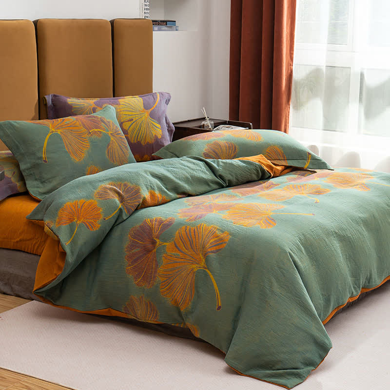Set di biancheria da letto reversibile in cotone jacquard con motivo Ginkgo (4 pezzi) - Verde e arancione - Matrimoniale Grande - image 6