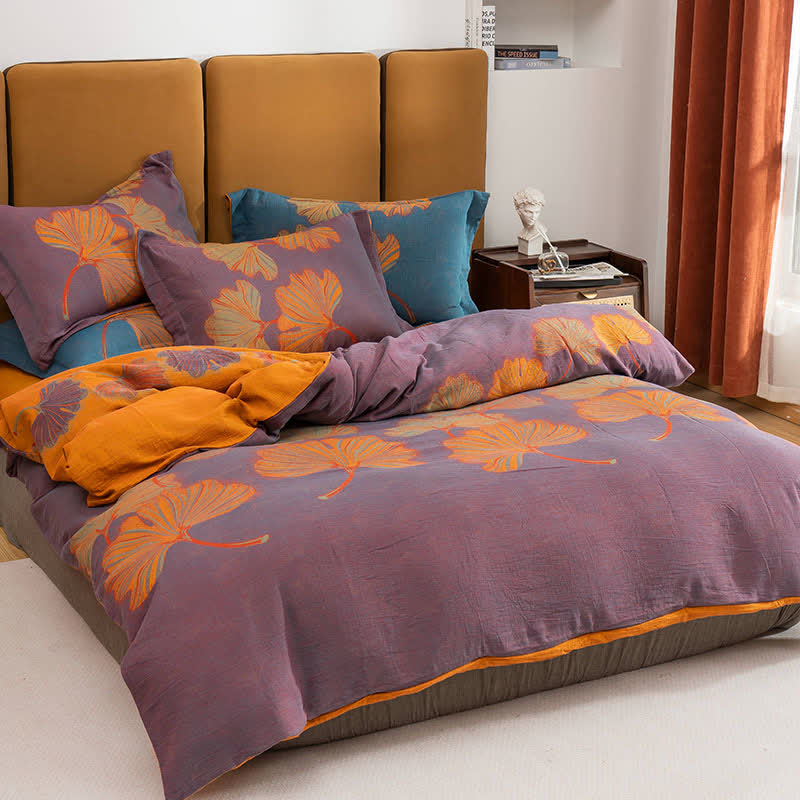 Set di biancheria da letto reversibile in cotone jacquard con motivo Ginkgo (4 pezzi) - Viola e arancione - Matrimoniale Grande - image 1