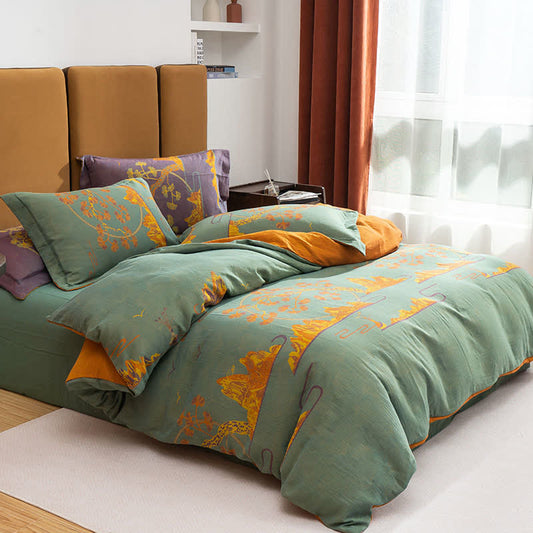 Set di biancheria da letto reversibile in cotone jacquard con motivo paesaggistico (4 pezzi) - Verde e giallo - Matrimoniale Grande - image 0
