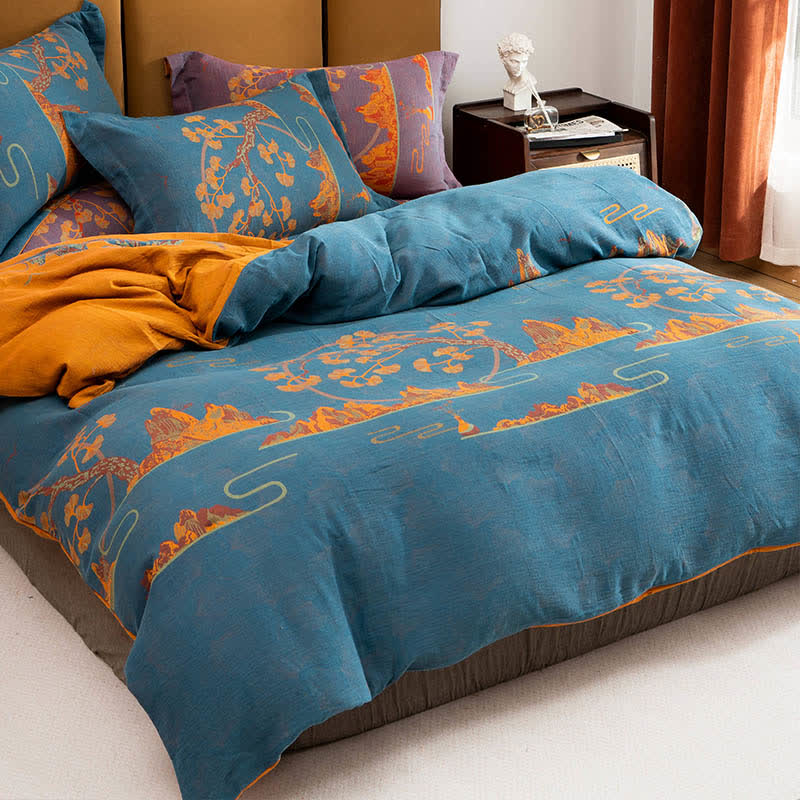 Set di biancheria da letto reversibile in cotone jacquard con motivo paesaggistico (4 pezzi) - Blu e arancione - Matrimoniale Grande - image 6