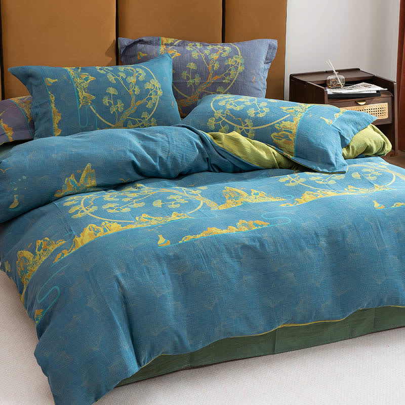 Set di biancheria da letto reversibile in cotone jacquard con motivo paesaggistico (4 pezzi) - Blu e verde - Matrimoniale Grande - image 3
