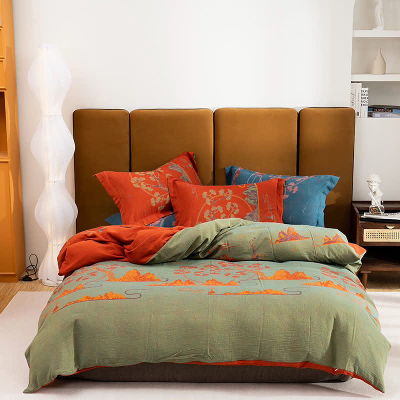 Set di biancheria da letto reversibile in cotone jacquard con motivo paesaggistico (4 pezzi) - Verde e rosso - Matrimoniale Grande - image 2