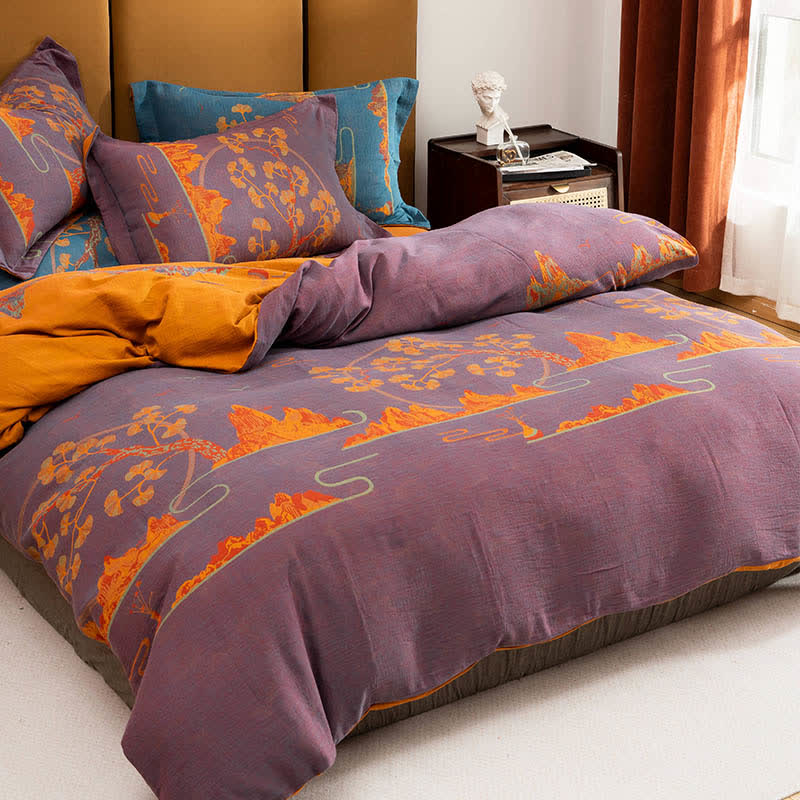 Set di biancheria da letto reversibile in cotone jacquard con motivo paesaggistico (4 pezzi) - Viola e arancione - Matrimoniale Grande - image 5