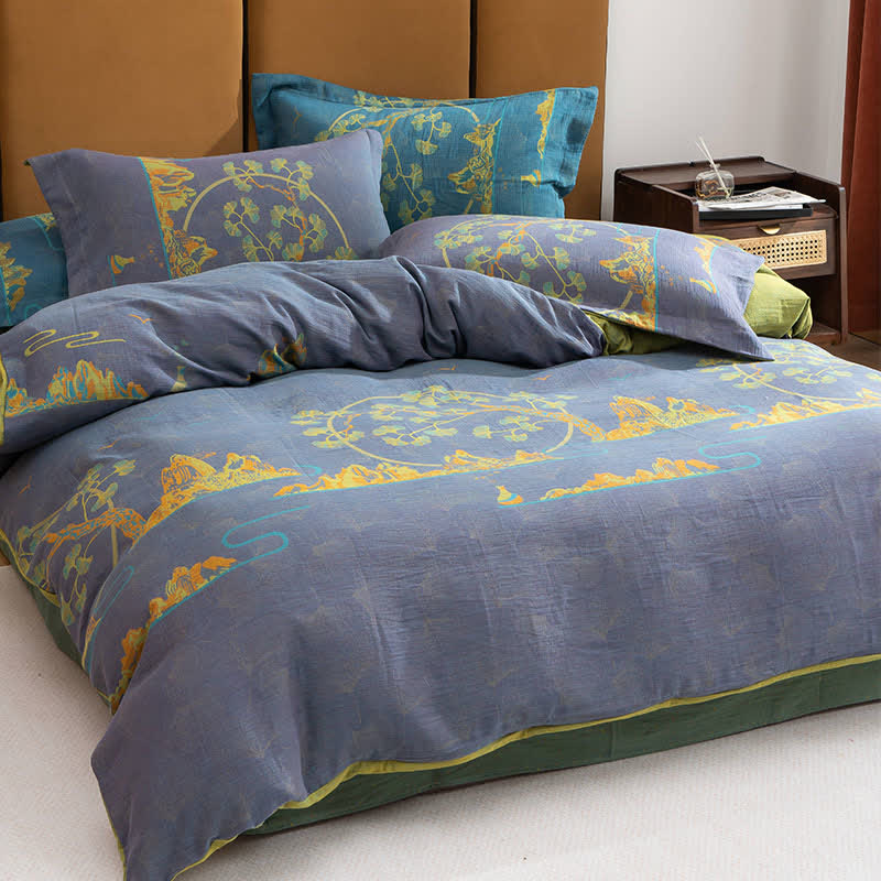 Set di biancheria da letto reversibile in cotone jacquard con motivo paesaggistico (4 pezzi) - Viola e ciano - Matrimoniale Grande - image 4