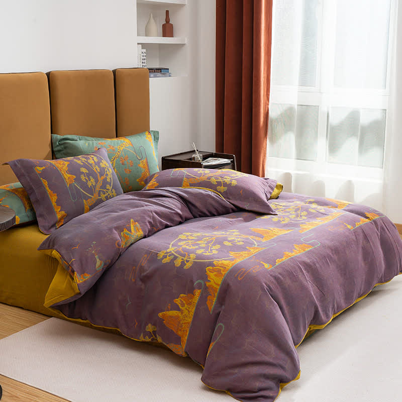 Set di biancheria da letto reversibile in cotone jacquard con motivo paesaggistico (4 pezzi) - Viola e giallo - Matrimoniale Grande - image 1