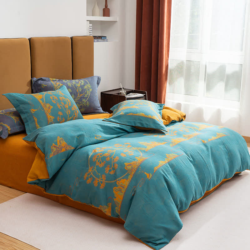 Set di biancheria da letto reversibile in cotone jacquard con motivo paesaggistico (4 pezzi) - Lago Blu e Arancione - Matrimoniale Grande - image 7