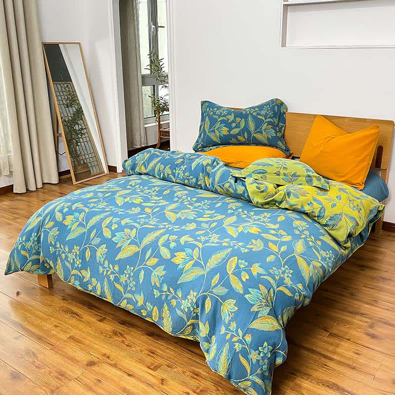 Set di biancheria da letto in cotone jacquard con foglie botaniche (4 pezzi) - Blu e verde - Matrimoniale Grande - image 4