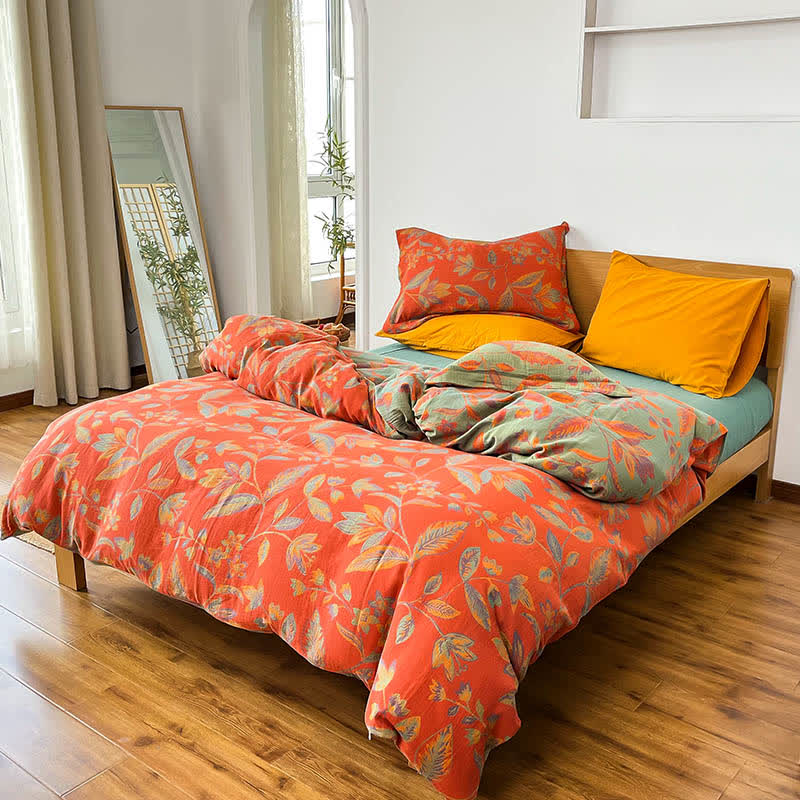 Set di biancheria da letto in cotone jacquard con foglie botaniche (4 pezzi) - Rosso e verde - Matrimoniale Grande - image 2