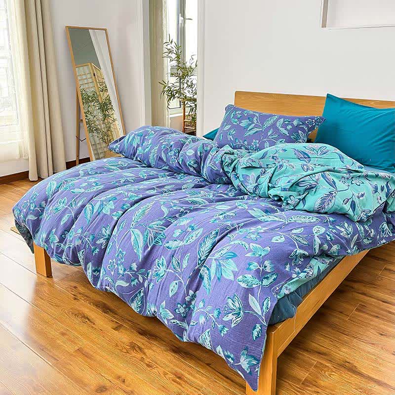 Set di biancheria da letto in cotone jacquard con foglie botaniche (4 pezzi) - Viola e blu lago - Matrimoniale Grande - image 7