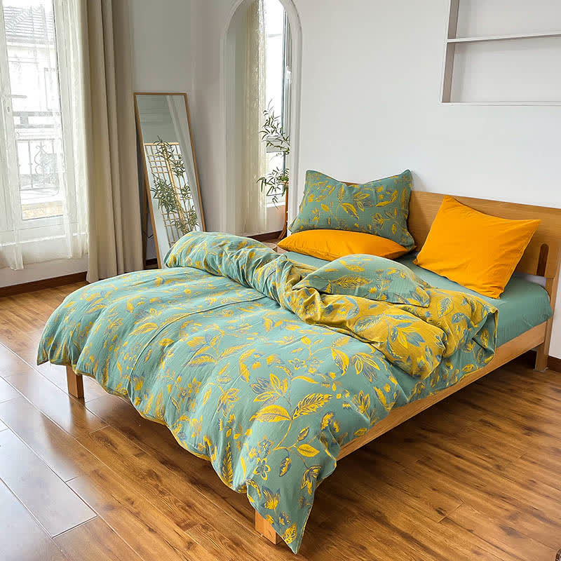 Set di biancheria da letto in cotone jacquard con foglie botaniche (4 pezzi) - Verde e giallo - Matrimoniale Grande - image 6