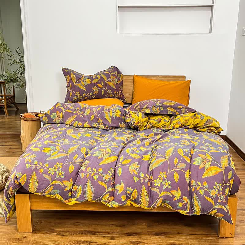 Set di biancheria da letto in cotone jacquard con foglie botaniche (4 pezzi) - Viola e giallo - Matrimoniale Grande - image 5
